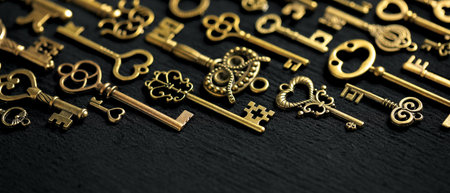 Vintage Victorian style golden skeleton keys. Concepts of keys to success, unlocking potential, or achieving goals.の写真素材