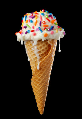Close up of dripping and melting ice cream cone with vanilla icecream and a waffle cone covered in colorful sprinkles isolated on blackの写真素材