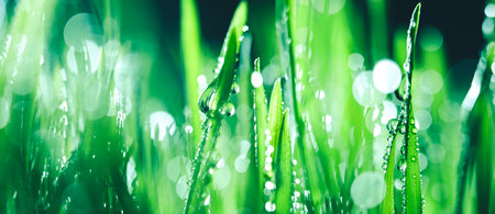 Fresh spring grass covered with morning dew drops. Vibrant colors with shallow dof and shiny water droplets. Showing freshness of spring, environmentally conscious, or other nature backgrounds.の写真素材