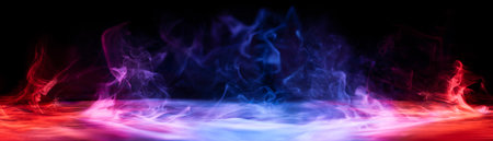 Dramatic smoke and fog in contrasting vivid red, blue, and purple colors. Vivid and intense abstract background or wallpaper.の写真素材