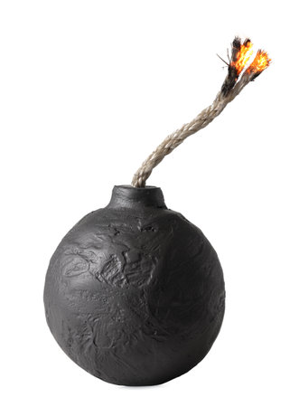 Round black bomb with lit fuse burning. Symbolizing fear, crisis, or dangerous violence. Isolated on white.の写真素材