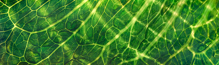 Backlit close up of the surface of a green leaf texture showing detailed veins. Nature or environmental background.の写真素材