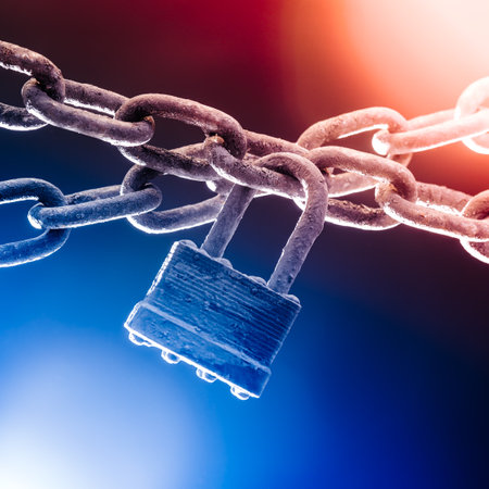 Red and blue police lights around a worn chain and locked pad lock. Conceptual incarceration, guilty of a crime, or arrest.の写真素材