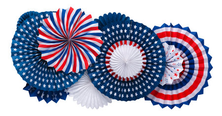 Decorations of vibrant red white and blue paper fans isolated on white. For 4th of July, Memorial day, Veteran's day, or other patriotic holiday celebrations.の写真素材