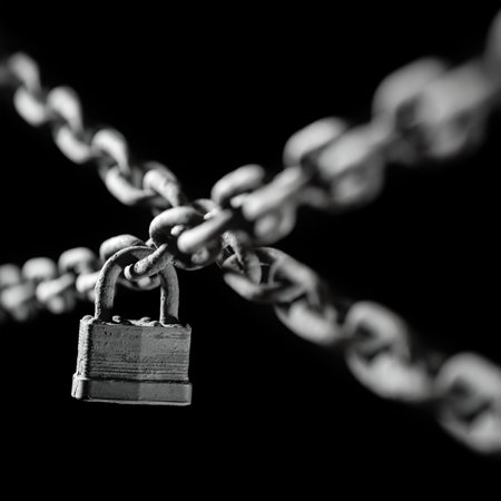 Worn rusted chain and pad lock on black background. Conceptual strength, protection, or security system. Shallow DOF.の写真素材
