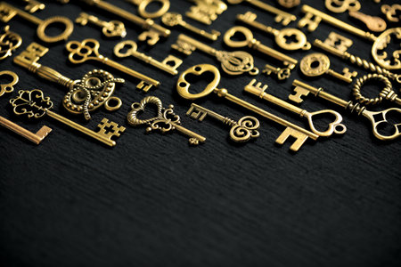 Vintage Victorian style golden skeleton keys. Concepts of keys to success, unlocking potential, or achieving goals.の写真素材