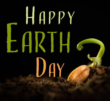 Tiny fragile seedling with fresh new growth in dirt with Happy Earth Day text.の写真素材
