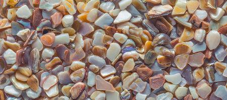 Shiny iridescent rocks made of sea stone and seashells in vibrant pastel colors.