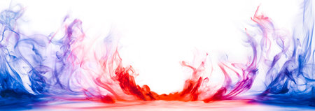Dramatic smoke and fog in contrasting vivid red, blue, and purple colors. Vivid and intense abstract background or wallpaper.の写真素材