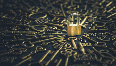 Vintage victorian style keys surrounding a single gold lock, symbolizing security, privacy, or protection.の写真素材