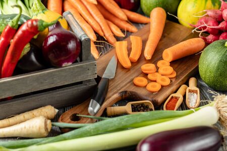 Healthy Organic Vegetables on the Wooden Backgroundの写真素材