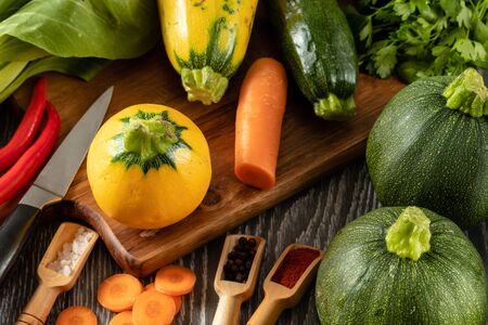 Healthy Organic Vegetables on the Wooden Backgroundの写真素材