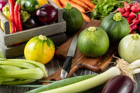 Healthy Organic Vegetables on the Wooden Backgroundの写真素材