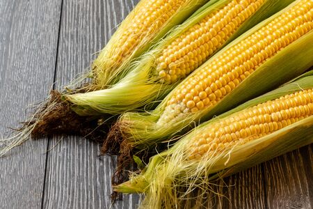 Fresh corn on cobs on rustic wooden table, closeupの写真素材