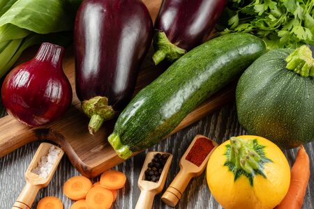 Healthy Organic Vegetables on the Wooden Backgroundの写真素材