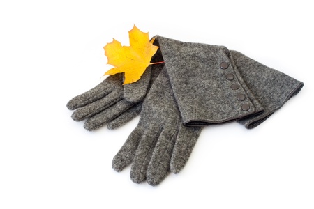 Gray long textile gloves with maple leaveの写真素材