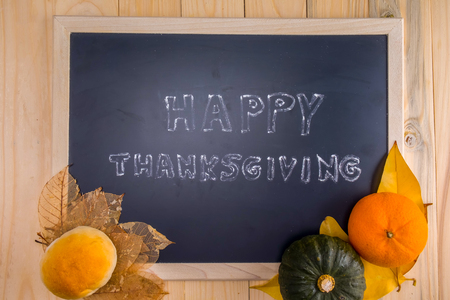 Happy Thanksgiving word cloud on a vintage slate blackboard.の写真素材