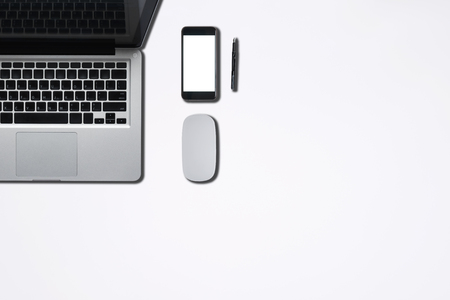 top view of office supply or hipster desktop. desk work and stuff with deskの写真素材