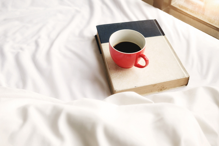A cup of coffee on book with copy space. Morning with a book. Relaxing concept. Retro filter effect,soft focus,selective focus.の写真素材