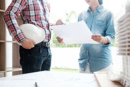  Architect Engineer Design Working on Blueprint Planning Concept. Construction Conceptの写真素材