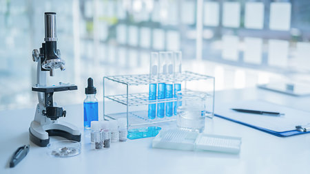 Medical or scientific researcher or man doctor looking at a test tube of clear solution in a...