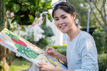 Young asian woman artist painting a picture in the garden at homeの写真素材