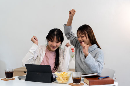 Two female higher education students using laptop and studying book in home.の写真素材