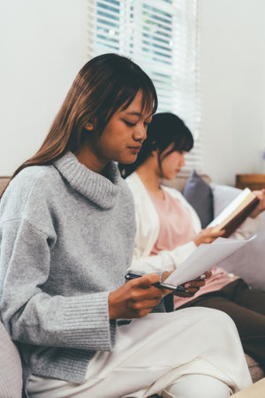 Female higher education student using laptop and studying book in home, Online learning.の写真素材