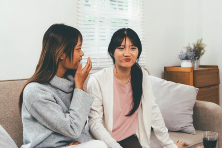 Female higher education student using laptop and studying book in home, Online learning.の写真素材