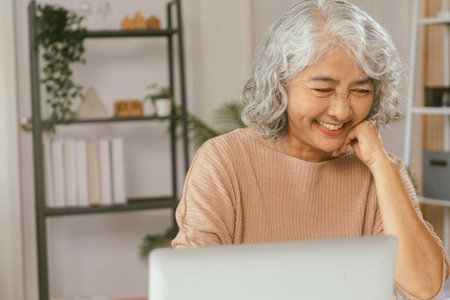 senior couple and documents with laptop for finance, budget planning or retirement annuity on sofa. Elderly man, woman or house with smile, computer or paperwork for pension fund or insuranceの写真素材