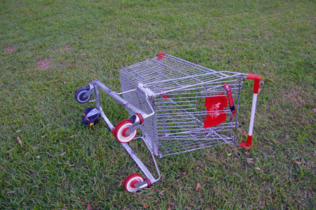 A red trolley was abandoned on the grass in the parkの写真素材