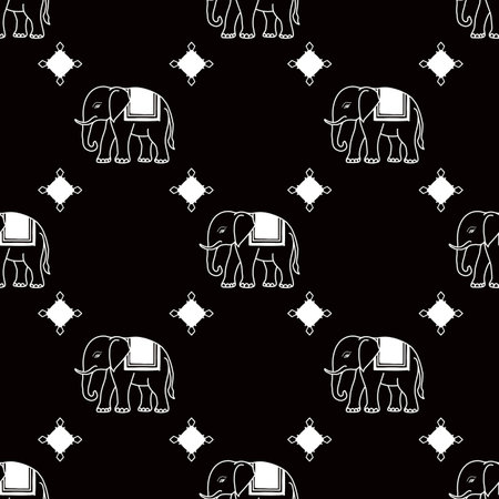 Seamless vector pattern with elephants. Black and white background.の写真素材