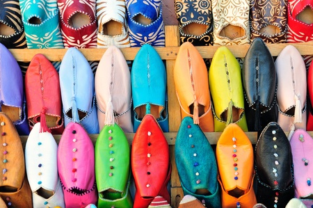 Marrakech -  typical leather shoes sold in a street marketの写真素材