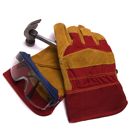construction gloves goggles and hammerの写真素材