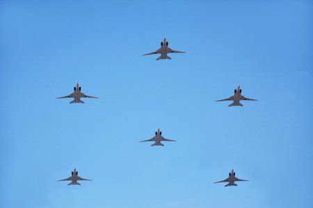 Five supersonic strategic bombers TU22M fly a systemの写真素材