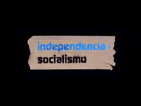 Political propaganda of independence and socialism on an adhesive tape  in Spainの写真素材