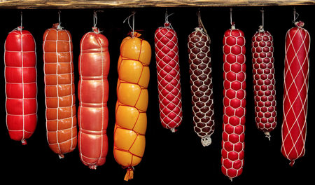 it is a lot of different sausages on a show-window on a black background