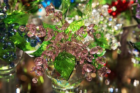 Glass Flowers in a Crystal Vase with Leaves of Glassの写真素材
