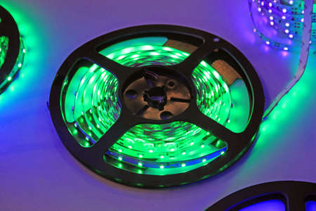 the green LEDs on the ribbon pinned up in the coilの写真素材