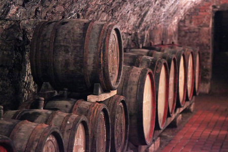 Wine barrels stacked in the old cellar of the winery  
