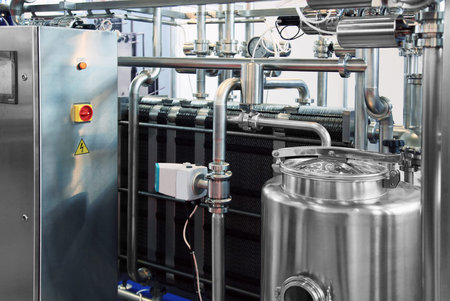 Dairy factory with milk pasteurization tank and pipes 