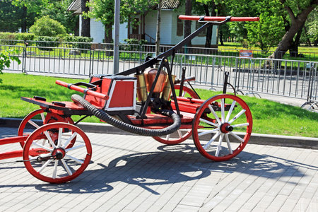 Fire pump 19th century horse-drawn at the exhibitionの写真素材