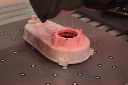 Control of part dimensions by laser measuring device. Non-contact 3D technology.