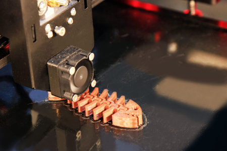 Automatic three dimensional 3D printer machine printing plastic model of pink fish skeleton at...