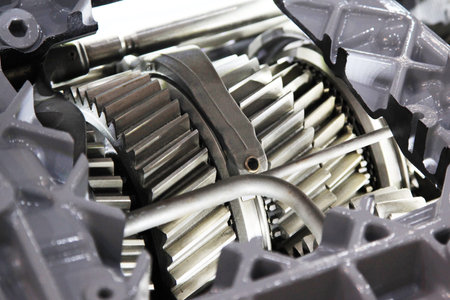 Transmission with gears meshing. Focus on the gears.