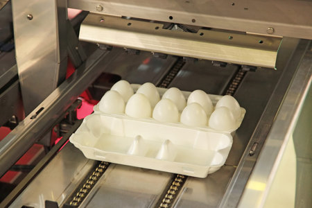 Automated packaging raw and fresh chicken egg in the package object.