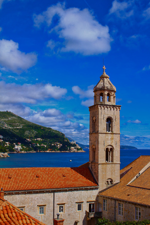 A view of the Dominican Monastery bell tower in Dubrovnik from the old town city wall, Dubrovnik, Croatiaの写真素材