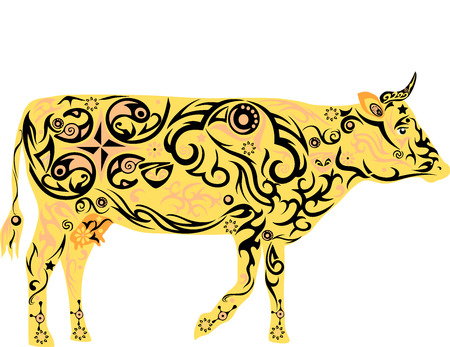 Cow with a pattern, a pet, cattle, the girl with drawing, a mammal with an udder, the animal is painted, a cow with florets, cattle for milk, a creature with horns, beef from a cow,のイラスト素材