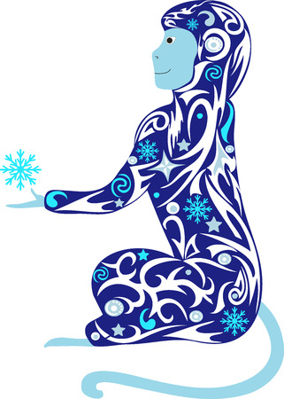 Symbol of year, a monkey with a snowflake, a macaque an illustration, the animal with a pattern from snowflakes, New Year's an animal, holds a paw, a monkey a vector, a creature with design, a symbol of the Chinese new year, composition from curls,のイラスト素材