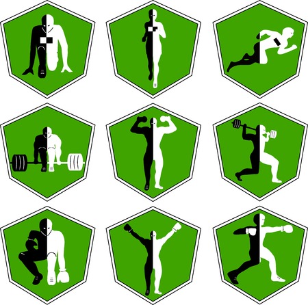 The emblem with the athlete, a sport logo, the runner on start, the person runs, sports training, track and field athletics, weightlifting, a bar raising, exercise with dumbbells, heavy weight, sports shoes, the boxer in a rack, wrestling , the champion rのイラスト素材